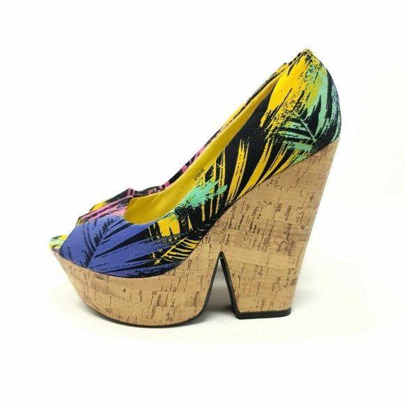 Ribbon Multicolour Chunky Platform Block Heels Shoes UK 5 EU 38 Peep Toe - Picture 2 of 8